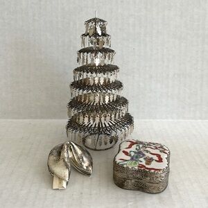 Lot 3 - VNTG Silver Items. Dangle Christmas Tree, Fortune Cookie, Pill Box.